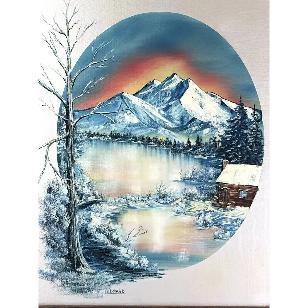 Oil Painting Winter At Dawn Cabin On Pond Signed Margaret Peggy Ledgard 1988 - Picture 4 of 10